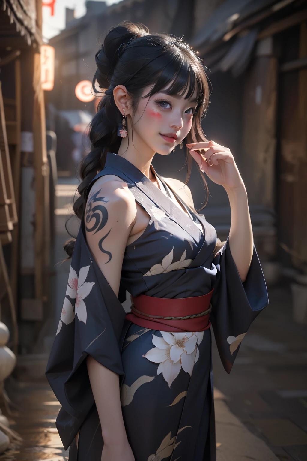 1 beautiful and seductive female devil, In the Dark: 1.6), surreal female portrait by David Hockney and Alphonse Mucha, fantasy art, korea doll, Photorealism, dynamic lighting, artstation, posters, volumetric lighting, very detailed faces, 32k ultra, all body, Awarded, in the dark, deep shadow, low key, cowboy lens, (japanese kimono dress: 1.4), long hair, brown colored hair, bust, luxurious palace, Royal style, devil crown, The most beautiful face, small breasts, Super realistic, japanese women's clothing thin yukata, Guweiz, devil style, loong, forehead mark, upper body, 2 bangs braided hair,Devil tattoo on shoulder,Slim figure,Leaner figure,Slim legs and hips,Awesome expression,Behind the smile lies a heart full of terrible, cruel emotions.,Hairstyles that go well with Japanese kimonos,Pull the hair up behind the ears and leave some loose hair.,The uniform color is the traditional indigo blue.,Exposing the shoulders and exuding a seductive feminine charm,Tie your hair up,Kimono with indigo or deep ultramarine coloring,Small, inconspicuous tattoos,