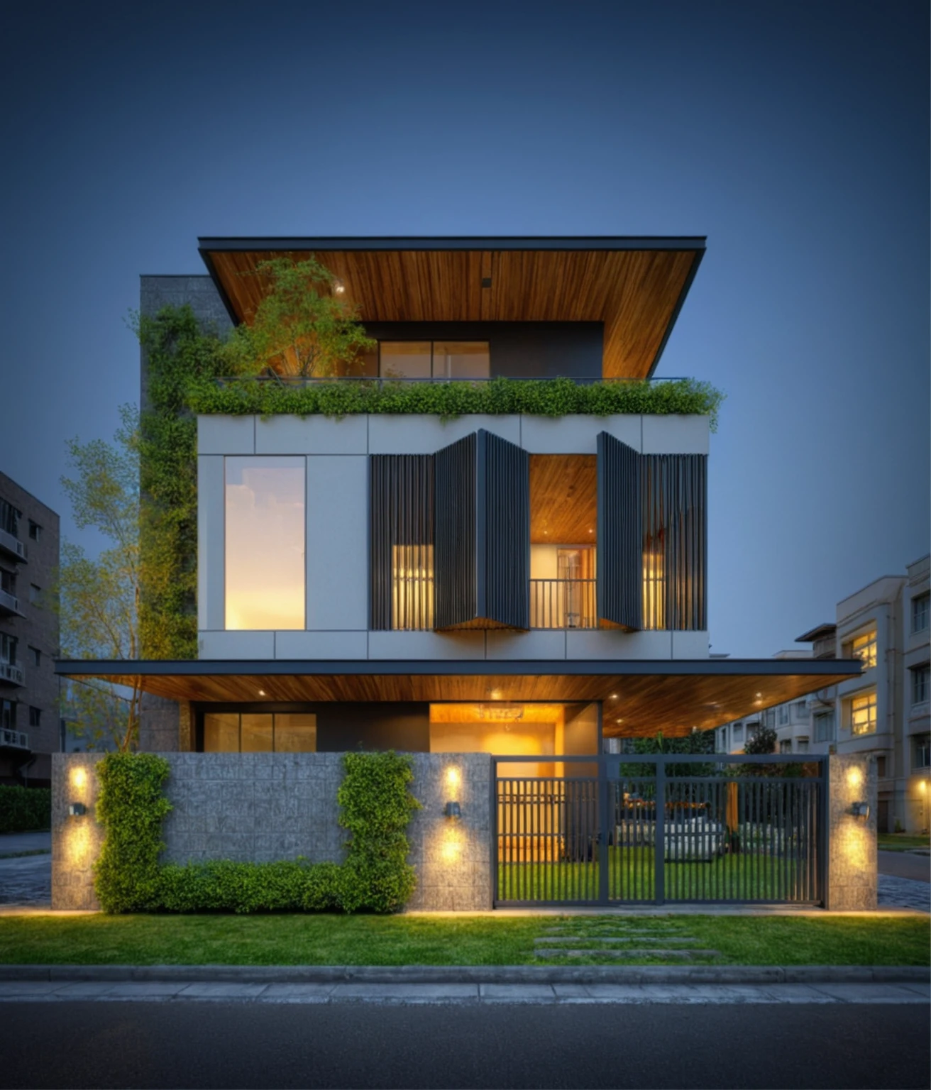 Raw photo, Masterpiece, high quality, best quality, authentic, super detail, exterior, outdoors, house style modern on the street, , Citigroup road , grass, nightlight:1.1), vivid colors, (realistic:1.2),