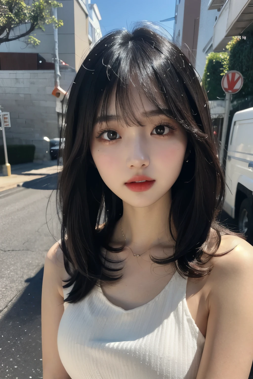 Alafed asian woman with long black hair and white top, Young and adorable Korean face, Cute natural anime face, Short hair, Ulzzang, Girl cute beautiful face, have very thin lips, Beautiful Japanese girl face, Popular Korean makeup, Young and pretty Asian face, Neat hairstyle with bangs, With a cute - lovely - face