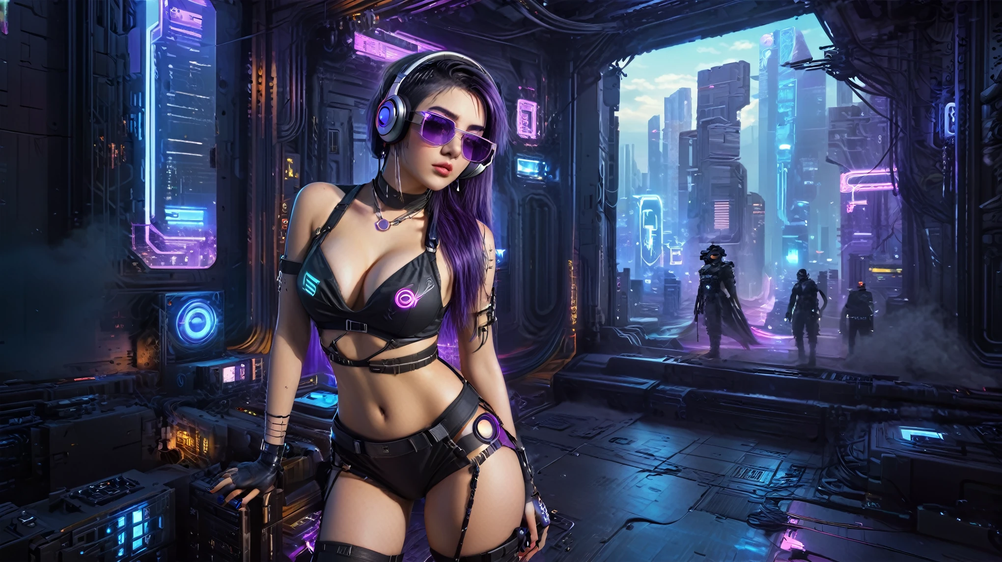 masterpiece, best quality, high resolution, 8k, (Portrait Photos:1.5), (R Original Photo), real picture, Digital Photography, (A fusion of cyberpunk and fantasy), 20 year old girl, solo, (((black sunglasses, headphone))), Feel free to hairstyle, Purple Eyes, By Bangs, (large , cleavagsories, Elegant and charming, Combination of cyberpunk and fantasy style clothing, Hollow carving design, Photo poses, Realistic style, (((((((pistol shooting pose))))))), oc render reflection texture, sentry, (((((Cyberpunk style future city, Moai style buildings))))), night, Bustling streets, (((((half-body (thigh level) medium shot))))).