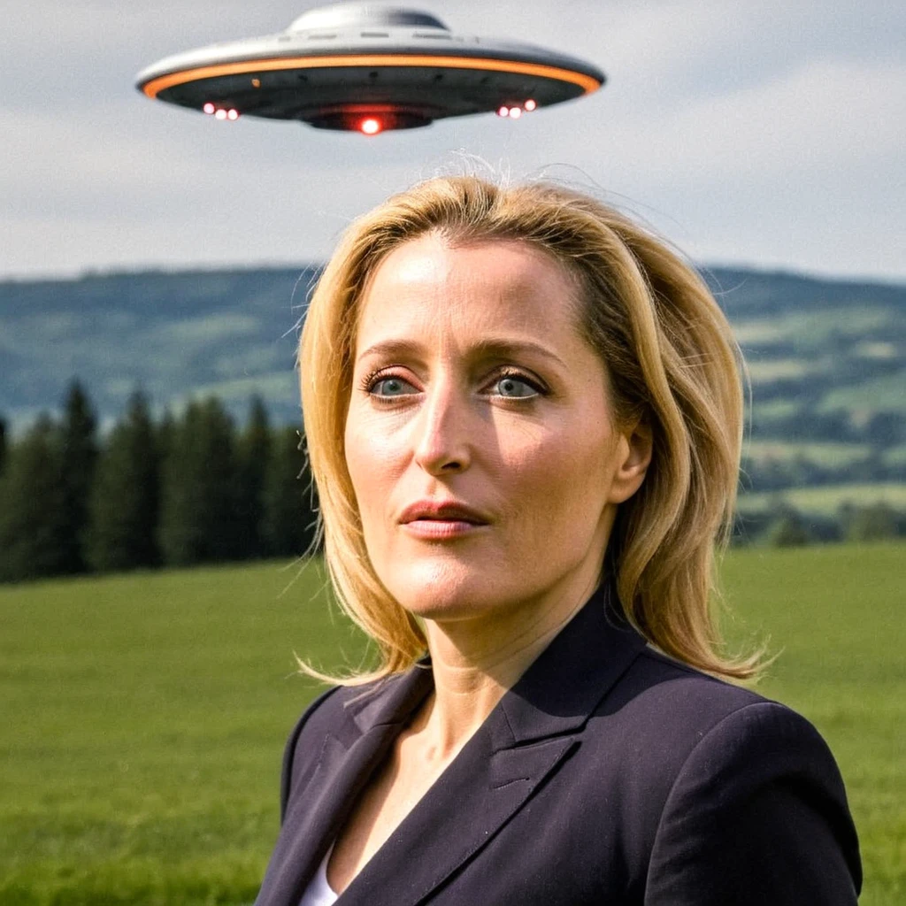 a portrait (Gillianxx:1.2) with a UFO behind, 