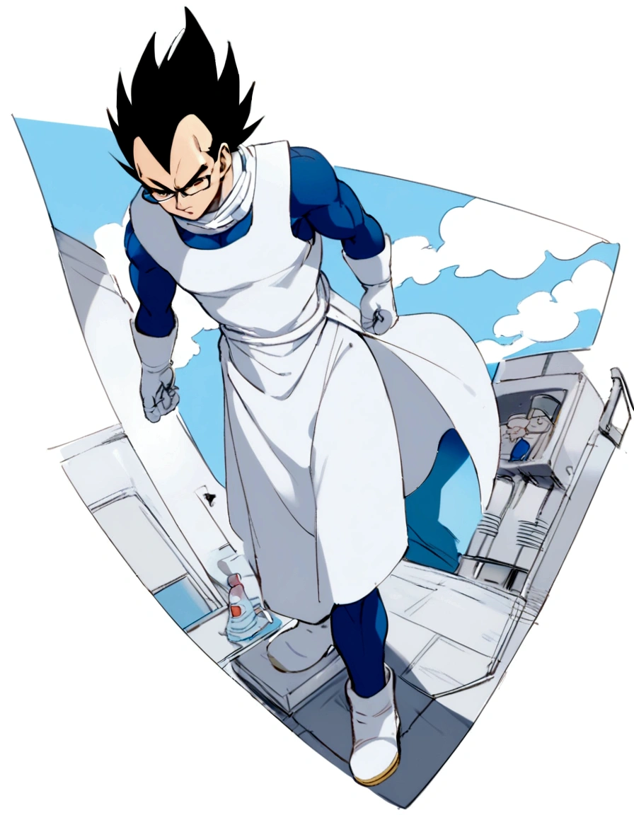 vegeta, whole body, doctor suit, white tunic, glasses