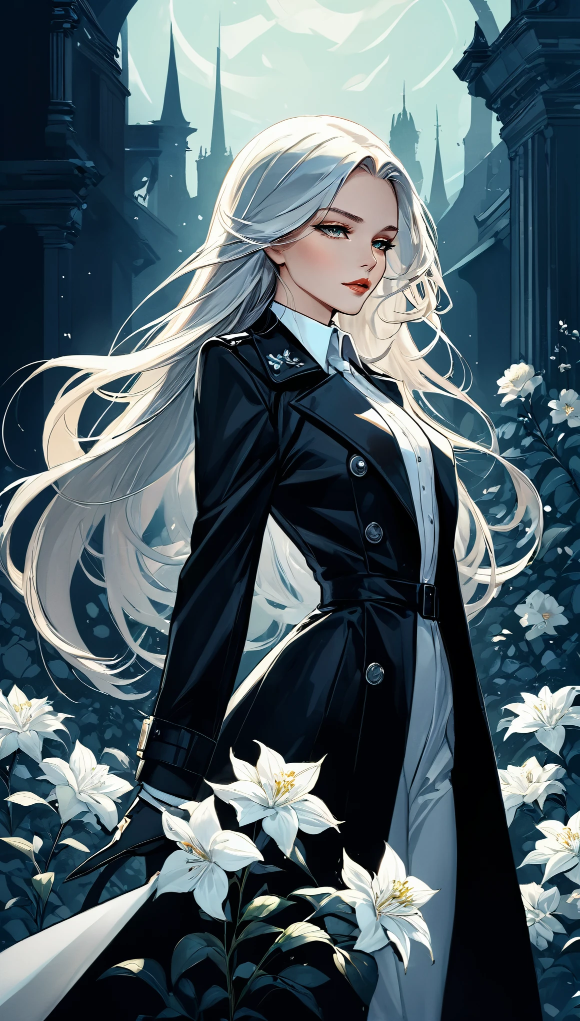 ((masterpiece, best quality)),(illustration),(detailedLight),((Extremely exquisite and beautiful)),in style of Thierry Mugler,Character design illustration,1 Girl,Black long trench coat,White shirt,White collared flowers,Long hair,Silver long hair,Dark shadows,