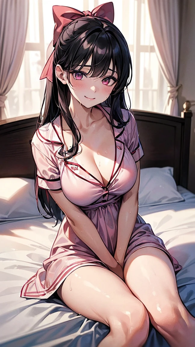 (best quality:1.1), (Masterpiece:1.2), hot lady, long hair, black hair, Hair bow, ถักเปีย, pink eyes, ((beautiful breasts:1.3)),  beautiful, cute, Bright face, Good mood, ((pajamas dress)), ((very wet 💦💦💦)), ปากอมชมพู, ยิ้ม, ((เขินอาย,หน้าแดงแป๊ด)) ((bedroom)), ((sfw)), ((เย้ายวน:1.5)), collarbone, ((Highest quality, Best Performance, Maximum details, Light and shadow details:1.2, 4k details))