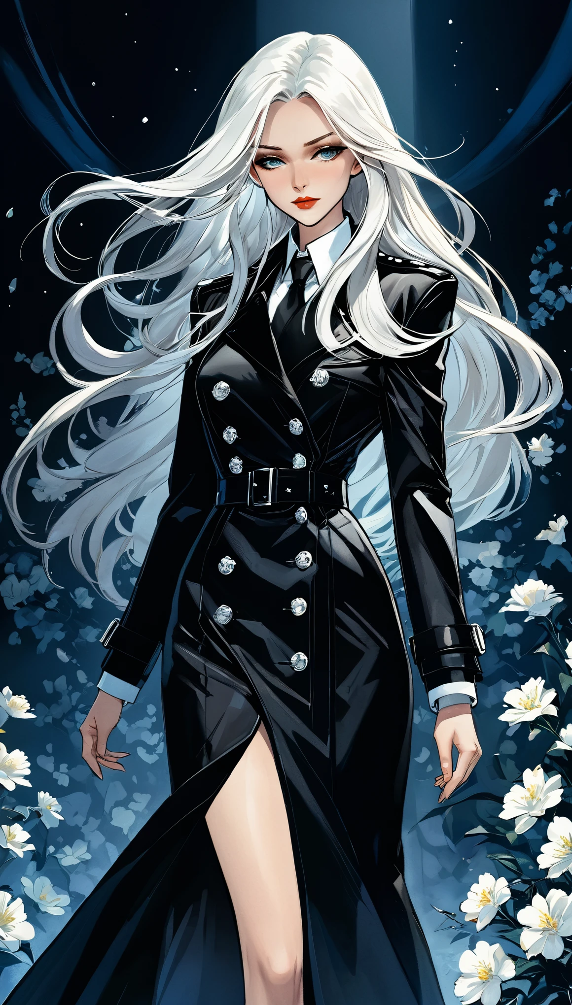 ((masterpiece, best quality)),(illustration),(detailedLight),((Extremely exquisite and beautiful)),in style of Thierry Mugler,Character design illustration,1 Girl,Black long trench coat,White shirt,White collared flowers,Long hair,Silver long hair,Dark shadows,