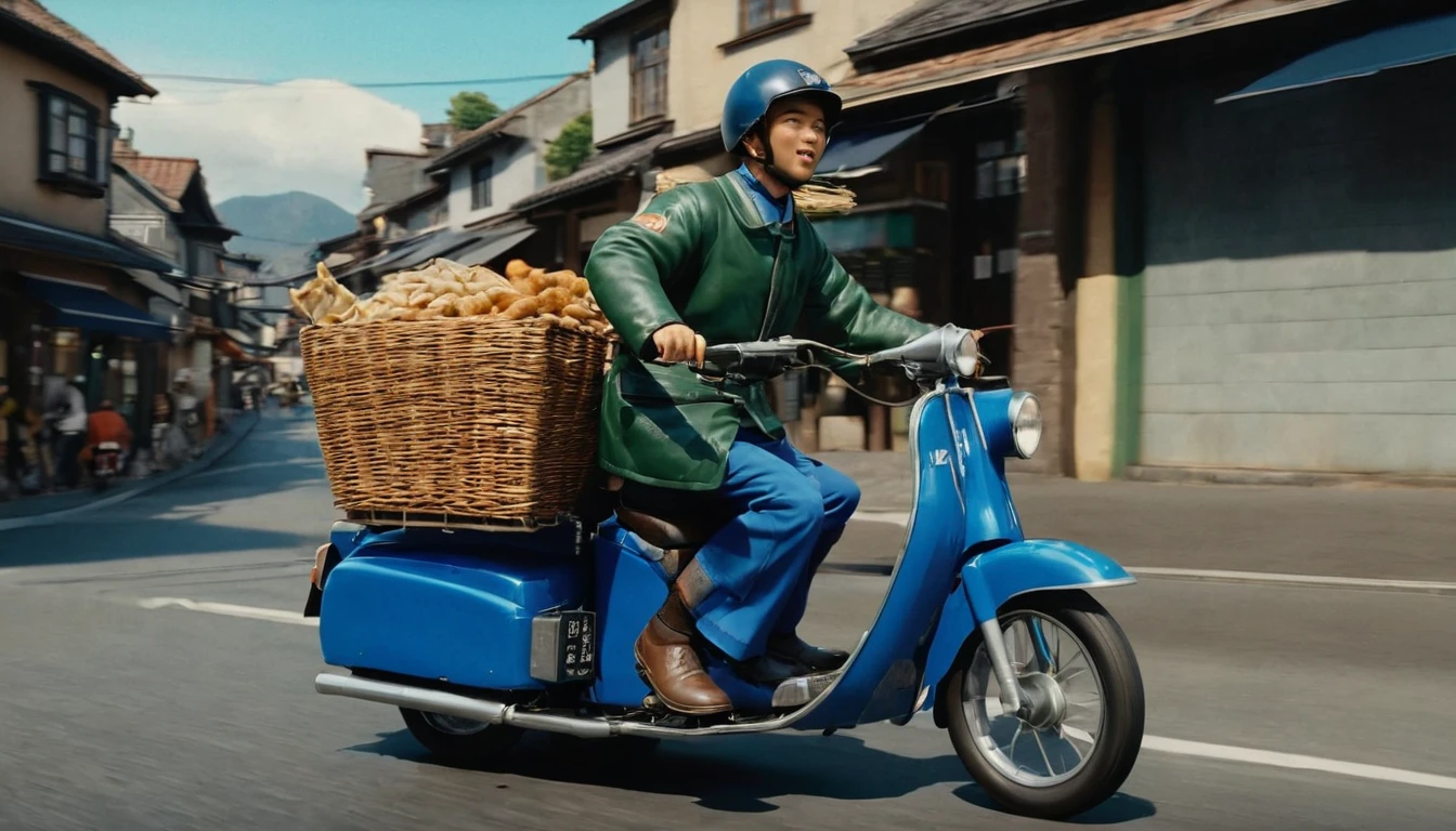 score_9, score_8_up, score_7_up, source_photo, photography, photorealistic, detailed, rating safe, front view, very wide shot, a super cub holding soba delivery runs the town, rider is wearing a cook coat, masterpiece, best quality, 8k,