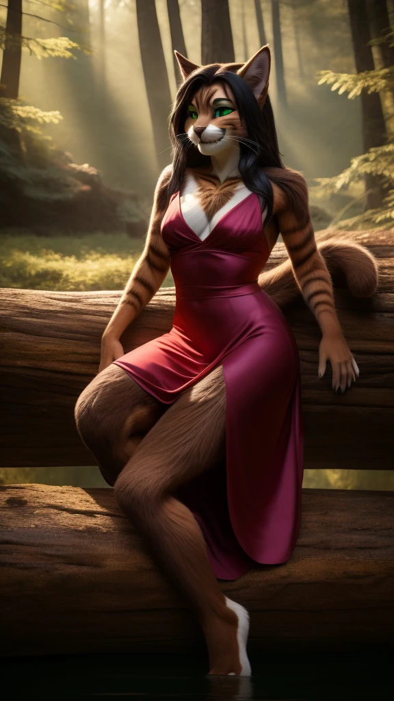 Sexy Posing, Female, 30 years old, cute, eyeliner, long black hair, biting lip smile, red dress, bedroom eyes, anthro, cat ears, (brown fur:1.5),tabby cat, forest background, 8k, hi res, (best quality, masterpiece), green eyes, lying on log, cat tail