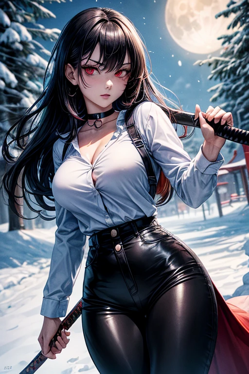 1 woman, woman fighting two zombies, High school girl swordsman, holds a katana in his right hand, long black hair, beautiful eyes, detailed eyes, Red eyes, choker:1.6, captivating look, wearing a white long-sleeved button-down shirt, big breasts, shiny black tight leggings, Snowy forest, snow night, Dark, Moonlight, absurd, high resolution, ultra-sharp, 8k, Masterpiece, front view, looking at the viewer