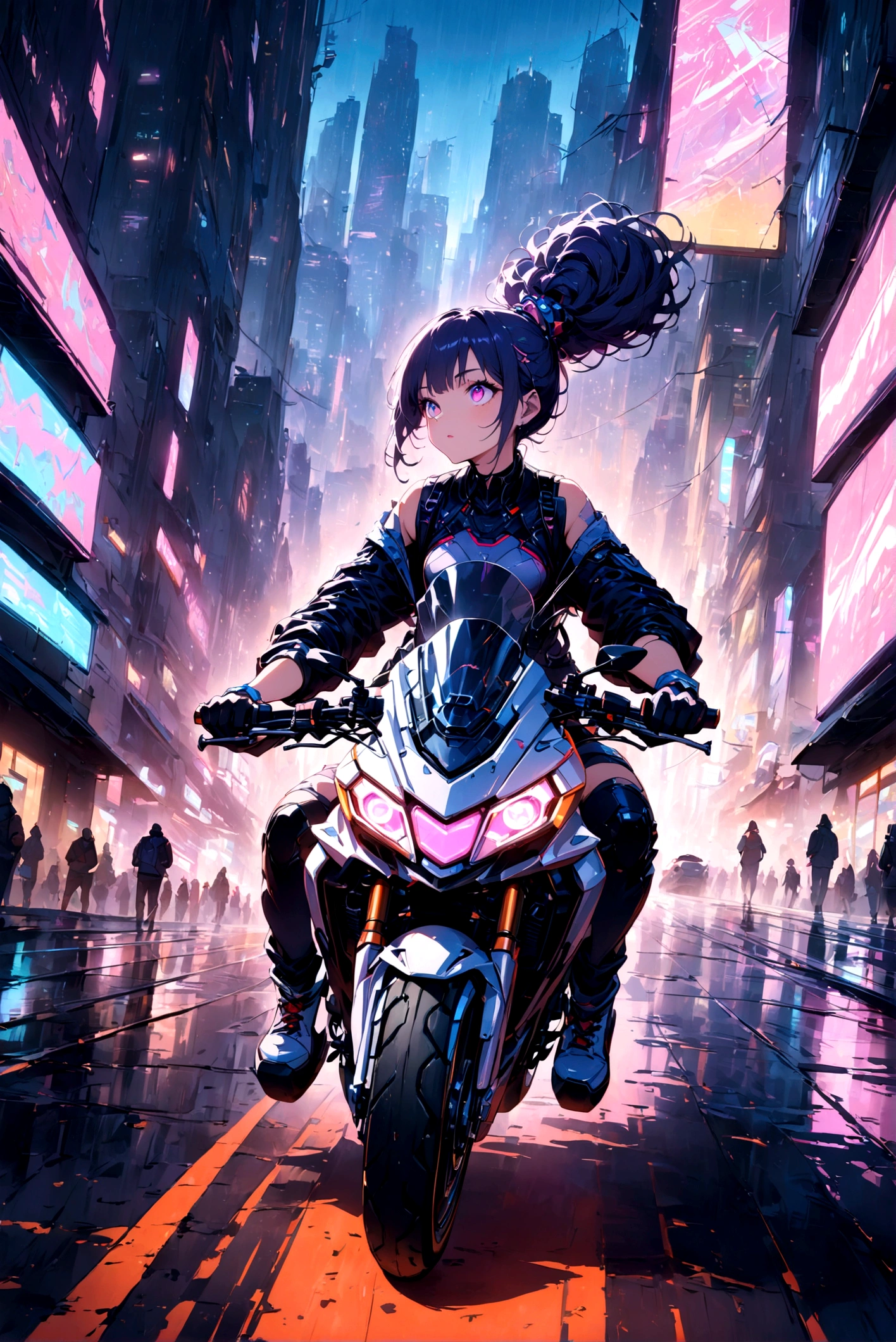 (((Looking up)))，1 girl，(((Driving a large motorcycle through the city)))，laughing out loud， - Futuristic cityscape，Late Night，Cyberpunk，Neon， - Cyberpunk aesthetic - Neon lights - Nighttime setting - Detailed and vibrant illustration - High-tech environment - Woman in futuristic outfit - Motorcycle - Dynamic pose - Urban street 最佳画质，Maximum resolution，masterpiece，Crazy details， best quality, masterpiece, illustration, ultra-detailed, beautiful detailed eyes, ,