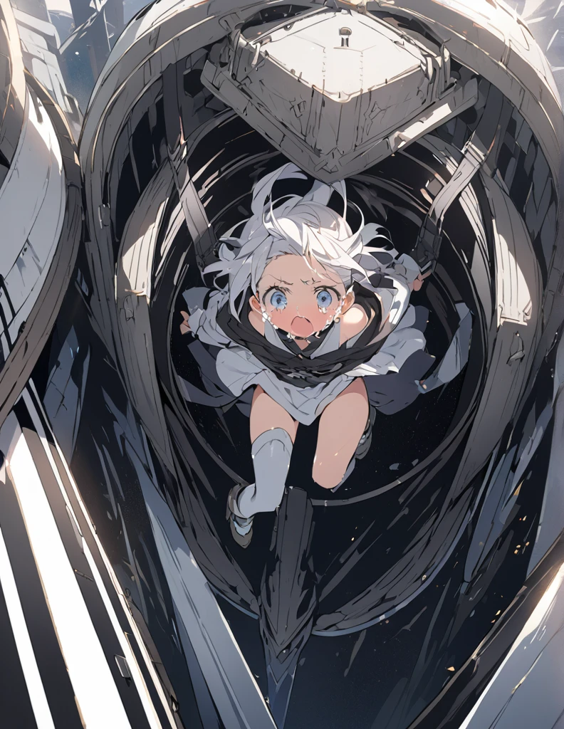 A white-haired girl crying in the cockpit of a giant weapon
