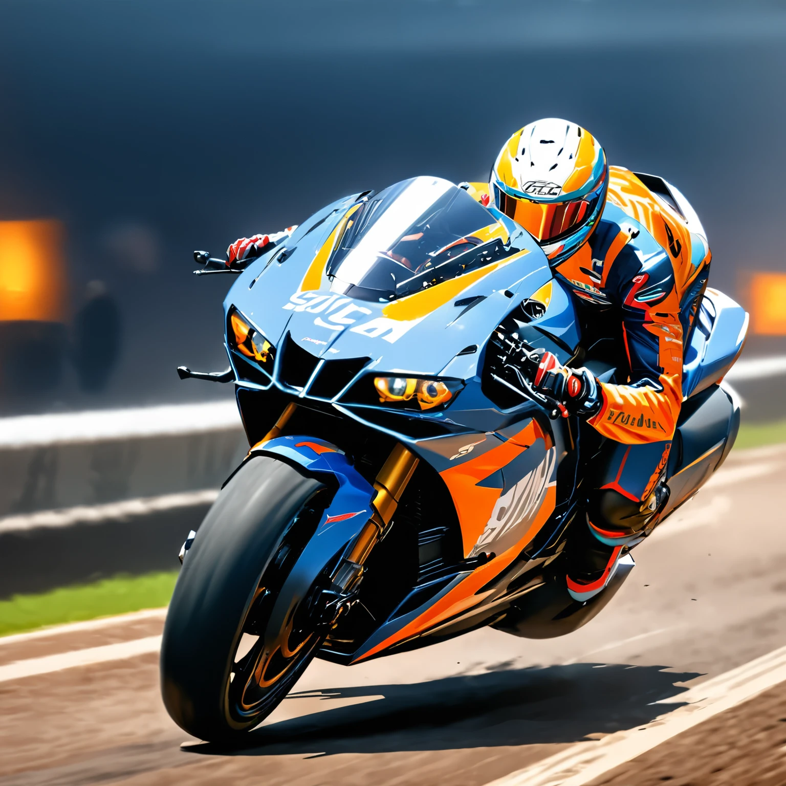 (best quality,8k,highres, masterpiece:1.2), ultra-detailed, HDR, UHD, studio lighting, ultra-fine painting, sharp focus, physically-based rendering, extreme detail description, professional, vivid colors, bokeh, portraits, concept artists, warm color palette, dramatic lighting,Circuit track, running bike, racer riding motorcycle, concentration line, auto racing,