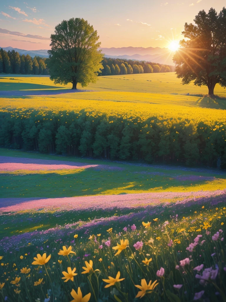 a view of a field of flowers with trees in the background, sunny meadow, summer meadow, meadow with flowers, the brilliant dawn on the meadow, serene field setting, meadow in the forest, southern wildflowers, spring early morning, in a meadow, summer morning light, field of flowers, an aesthetic field of flowers, at sunrise in springtime, meadow, springtime morning
