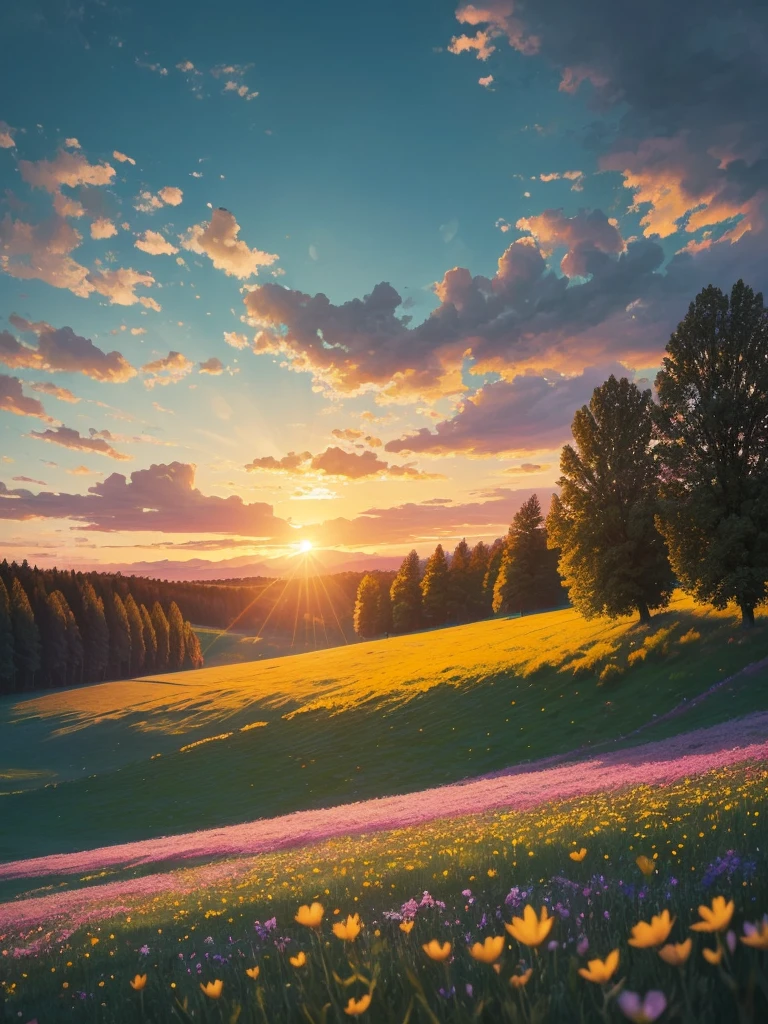 a view of a field of flowers with trees in the background, sunny meadow, summer meadow, meadow with flowers, the brilliant dawn on the meadow, serene field setting, meadow in the forest, southern wildflowers, spring early morning, in a meadow, summer morning light, field of flowers, an aesthetic field of flowers, at sunrise in springtime, meadow, springtime morning