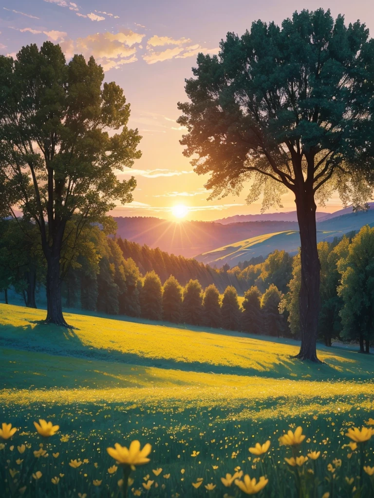 a view of a field of flowers with trees in the background, sunny meadow, summer meadow, meadow with flowers, the brilliant dawn on the meadow, serene field setting, meadow in the forest, southern wildflowers, spring early morning, in a meadow, summer morning light, field of flowers, an aesthetic field of flowers, at sunrise in springtime, meadow, springtime morning