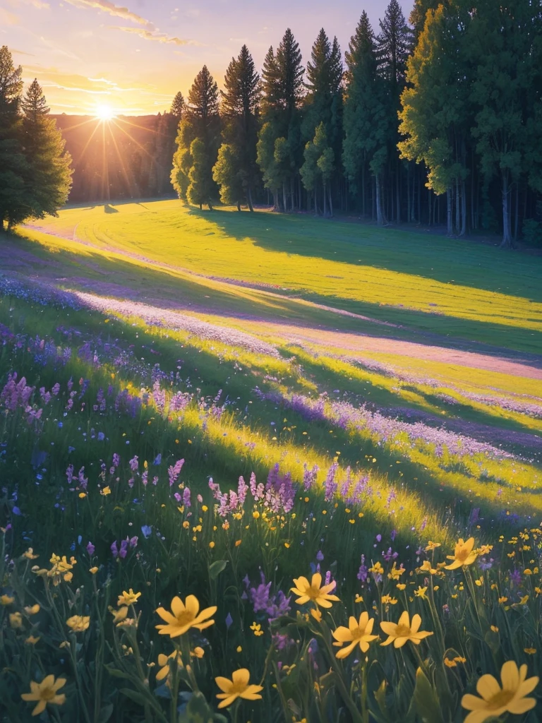 a view of a field of flowers with trees in the background, sunny meadow, summer meadow, meadow with flowers, the brilliant dawn on the meadow, serene field setting, meadow in the forest, southern wildflowers, spring early morning, in a meadow, summer morning light, field of flowers, an aesthetic field of flowers, at sunrise in springtime, meadow, springtime morning