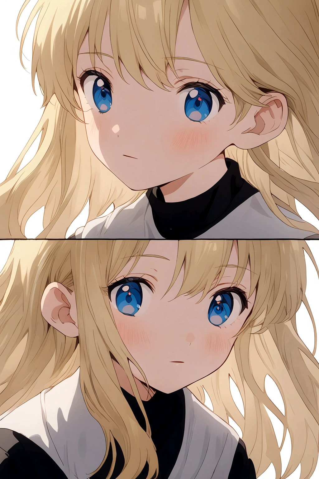 , blond hair, blue eyes with green, White shirt, black pants, Very pretty, detailed, 8k quality, anime style, comic,