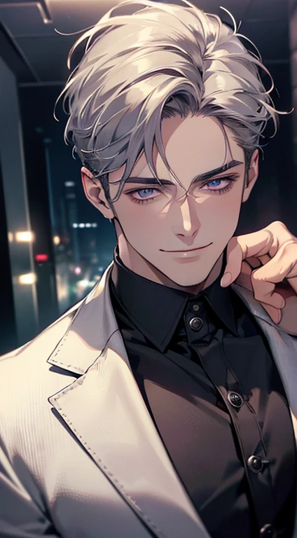 (best quality, masterpiece, 8K, photorealistic, cinematic lighting, 1:4 hdr image, ultra detailed, beautiful image), a mature man, 25 years very handsome, ((cold expression smile in love)), short grey hair,  purple eyes, face perfect without mistakes, ((buttoning his jacket, CEO)), smile.