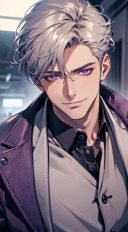 (best quality, masterpiece, 8K, photorealistic, cinematic lighting, 1:4 hdr image, ultra detailed, beautiful image), a mature man, 25 years very handsome, ((cold expression smile in love)), short grey hair,  purple eyes, face perfect without mistakes, ((buttoning his jacket, CEO)), smile.