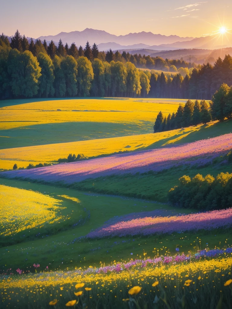a view of a field of flowers with trees in the background, a picture by Juergen von Huendeberg, pexels, renaissance, sunny meadow, summer meadow, meadow with flowers, the brilliant dawn on the meadow, serene field setting, meadow in the forest, southern wildflowers, spring early morning, in a meadow, summer morning light, field of flowers