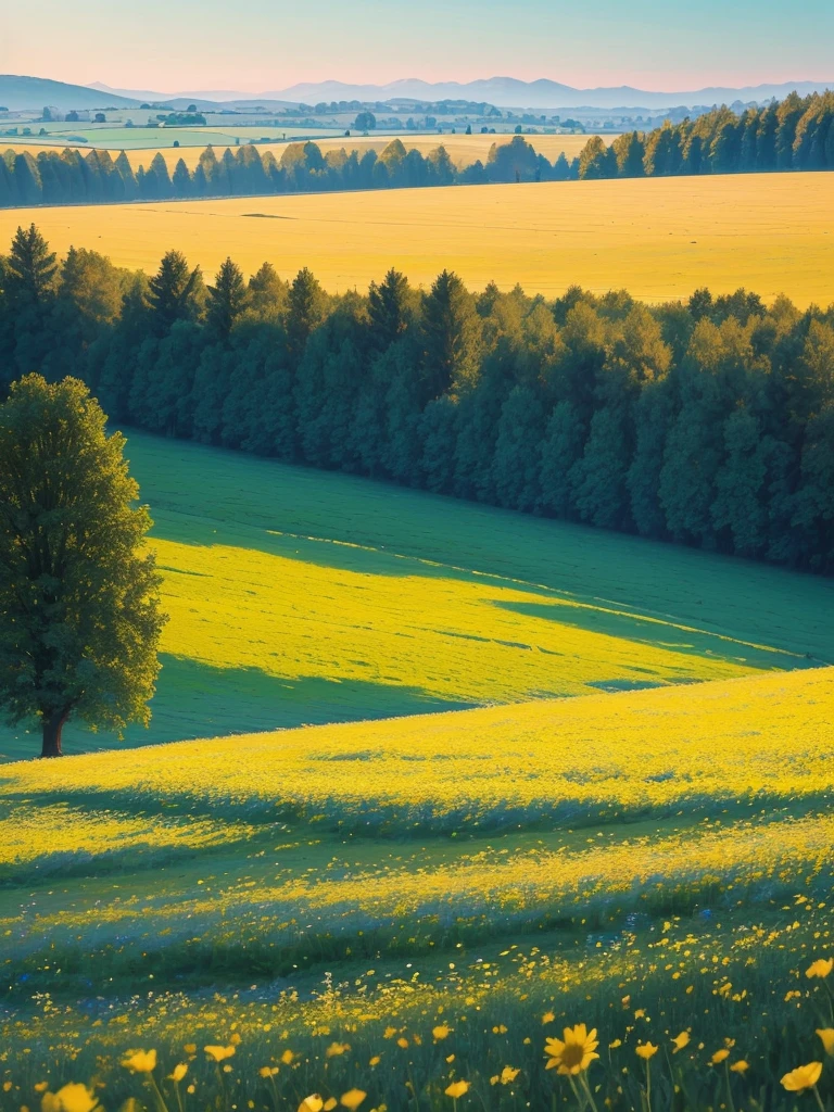 a view of a field of flowers with trees in the background, a picture by Juergen von Huendeberg, pexels, renaissance, sunny meadow, summer meadow, meadow with flowers, the brilliant dawn on the meadow, serene field setting, meadow in the forest, southern wildflowers, spring early morning, in a meadow, summer morning light, field of flowers