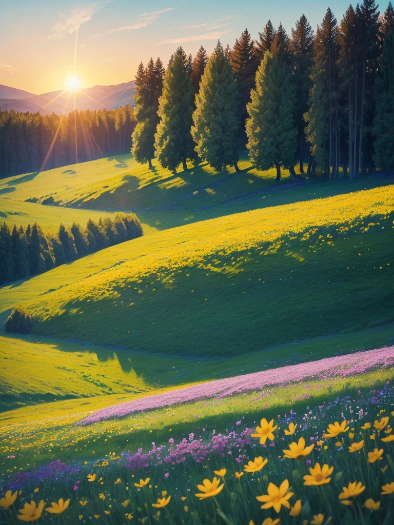 a view of a field of flowers with trees in the background, sunny meadow, summer meadow, meadow with flowers, the brilliant dawn on the meadow, serene field setting, meadow in the forest, southern wildflowers, spring early morning, in a meadow, summer morning light, field of flowers, an aesthetic field of flowers, at sunrise in springtime, meadow, springtime morning