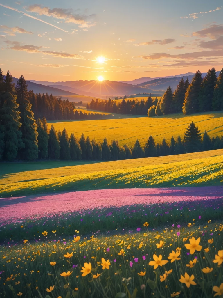 a view of a field of flowers with trees in the background, sunny meadow, summer meadow, meadow with flowers, the brilliant dawn on the meadow, serene field setting, meadow in the forest, southern wildflowers, spring early morning, in a meadow, summer morning light, field of flowers, an aesthetic field of flowers, at sunrise in springtime, meadow, springtime morning