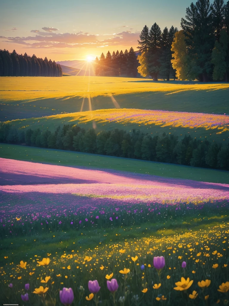 a view of a field of flowers with trees in the background, sunny meadow, summer meadow, meadow with flowers, the brilliant dawn on the meadow, serene field setting, meadow in the forest, southern wildflowers, spring early morning, in a meadow, summer morning light, field of flowers, an aesthetic field of flowers, at sunrise in springtime, meadow, springtime morning