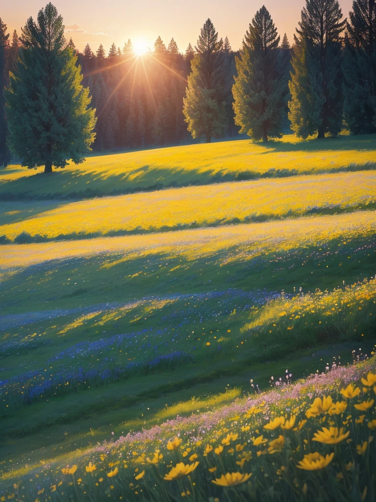 a view of a field of flowers with trees in the background, a picture by Juergen von Huendeberg, pexels, renaissance, sunny meadow, summer meadow, meadow with flowers, the brilliant dawn on the meadow, serene field setting, meadow in the forest, southern wildflowers, spring early morning, in a meadow, summer morning light, field of flowers