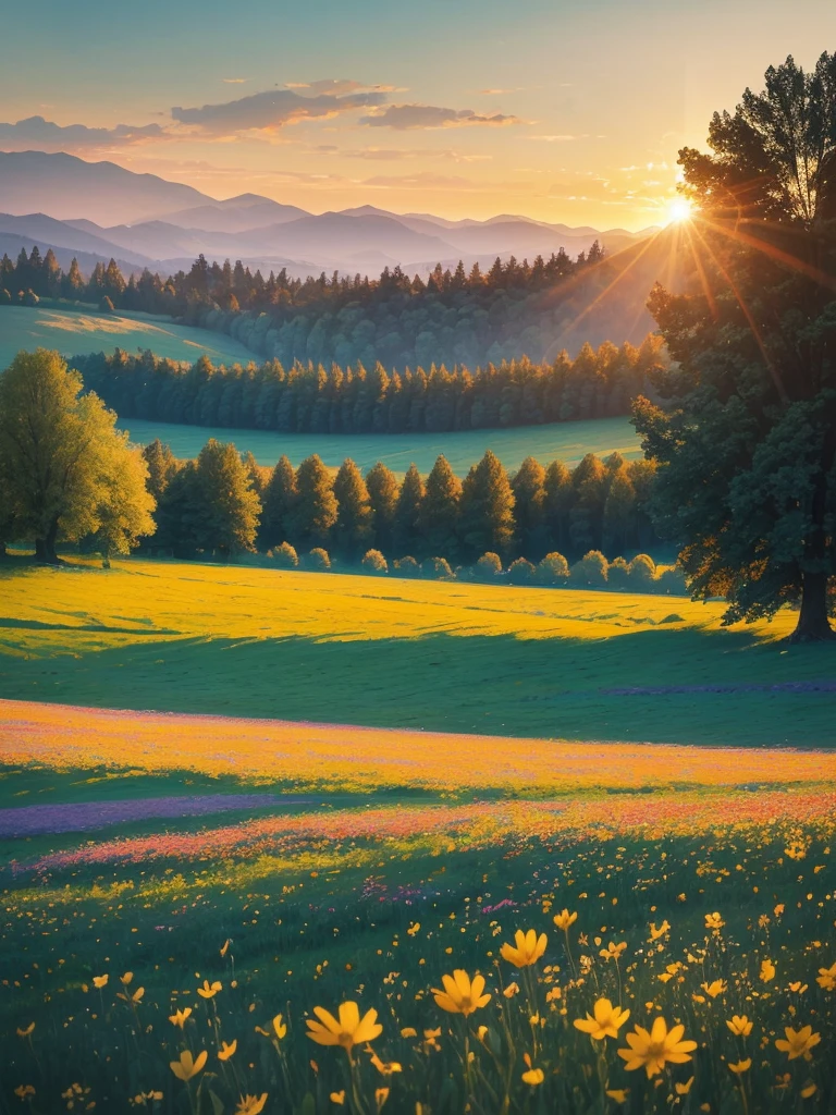 a view of a field of flowers with trees in the background, sunny meadow, summer meadow, meadow with flowers, the brilliant dawn on the meadow, serene field setting, meadow in the forest, southern wildflowers, spring early morning, in a meadow, summer morning light, field of flowers, an aesthetic field of flowers, at sunrise in springtime, meadow, springtime morning