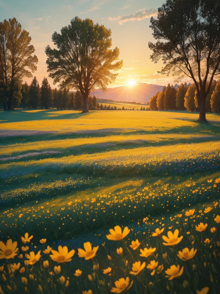 a view of a field of flowers with trees in the background, sunny meadow, summer meadow, meadow with flowers, the brilliant dawn on the meadow, serene field setting, meadow in the forest, southern wildflowers, spring early morning, in a meadow, summer morning light, field of flowers, an aesthetic field of flowers, at sunrise in springtime, meadow, springtime morning