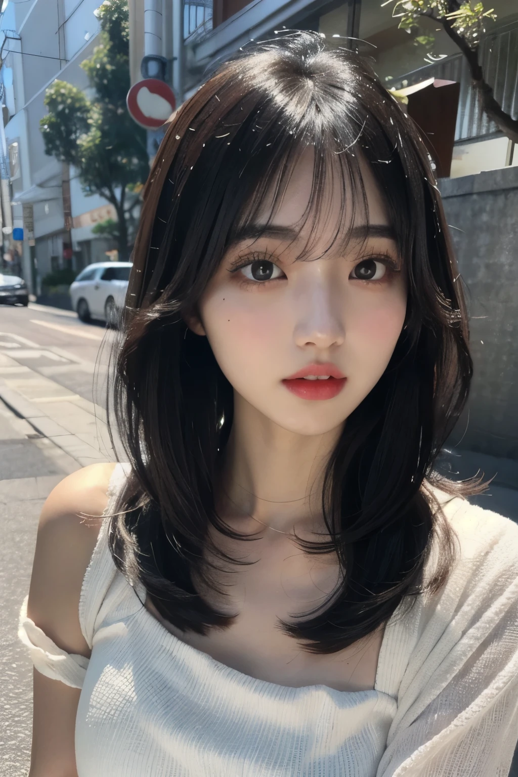 Alafed asian woman with long black hair and white top, Young and adorable Korean face, Cute natural anime face, Short hair, Ulzzang, Girl cute beautiful face, have very thin lips, Beautiful Japanese girl face, Popular Korean makeup, Young and pretty Asian face, Neat hairstyle with bangs, With a cute - lovely - face