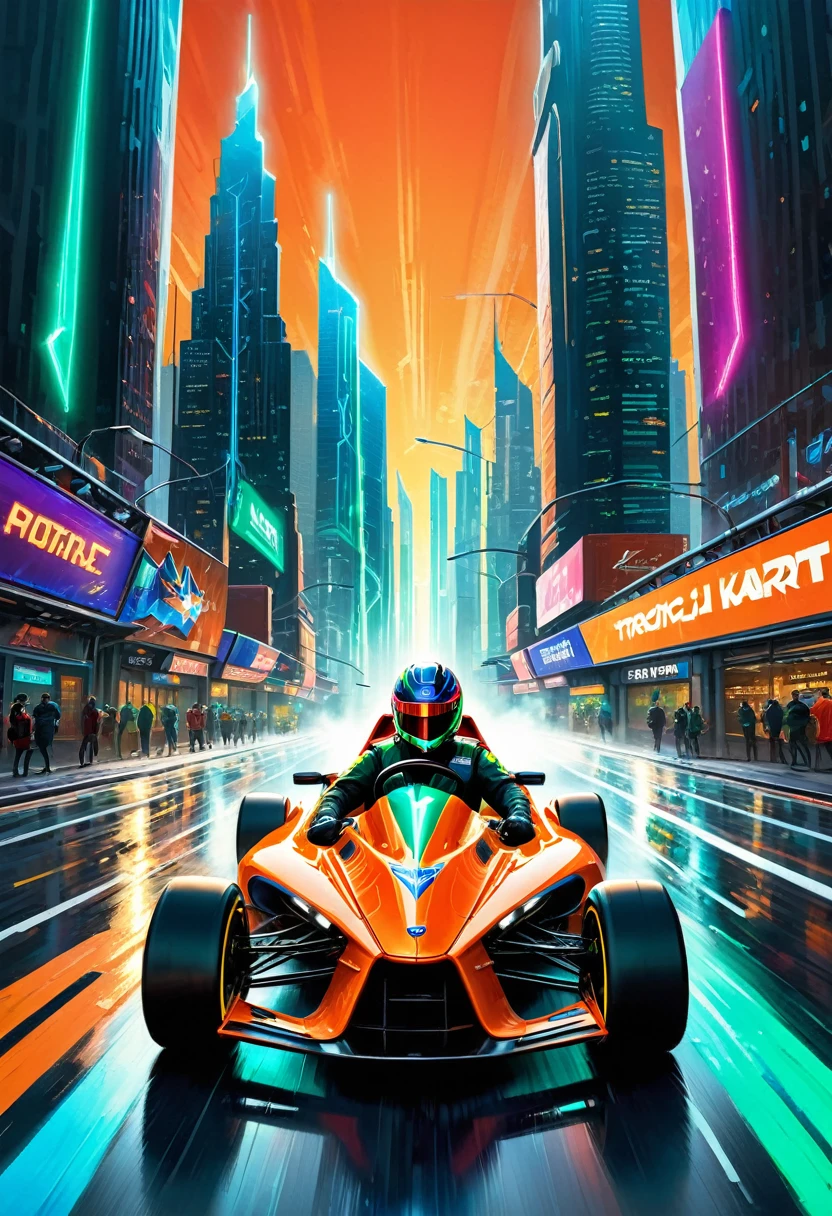 A high-speed kart, rendered in vibrant digital art, tears down a sleek, wet asphalt road, weaving through modern city skyscrapers, their windows and billboards reflecting neon hues of electric blue, cherry red, and emerald green, as the sun sets behind, casting a warm orange glow; the kart's metallic body glints, its spoiler and wingsuits glowing with an ethereal luminescence, the atmosphere electric with the thrill of adrenaline-fueled competition, as if frozen in a cinematic moment of heart-pumping intensity.