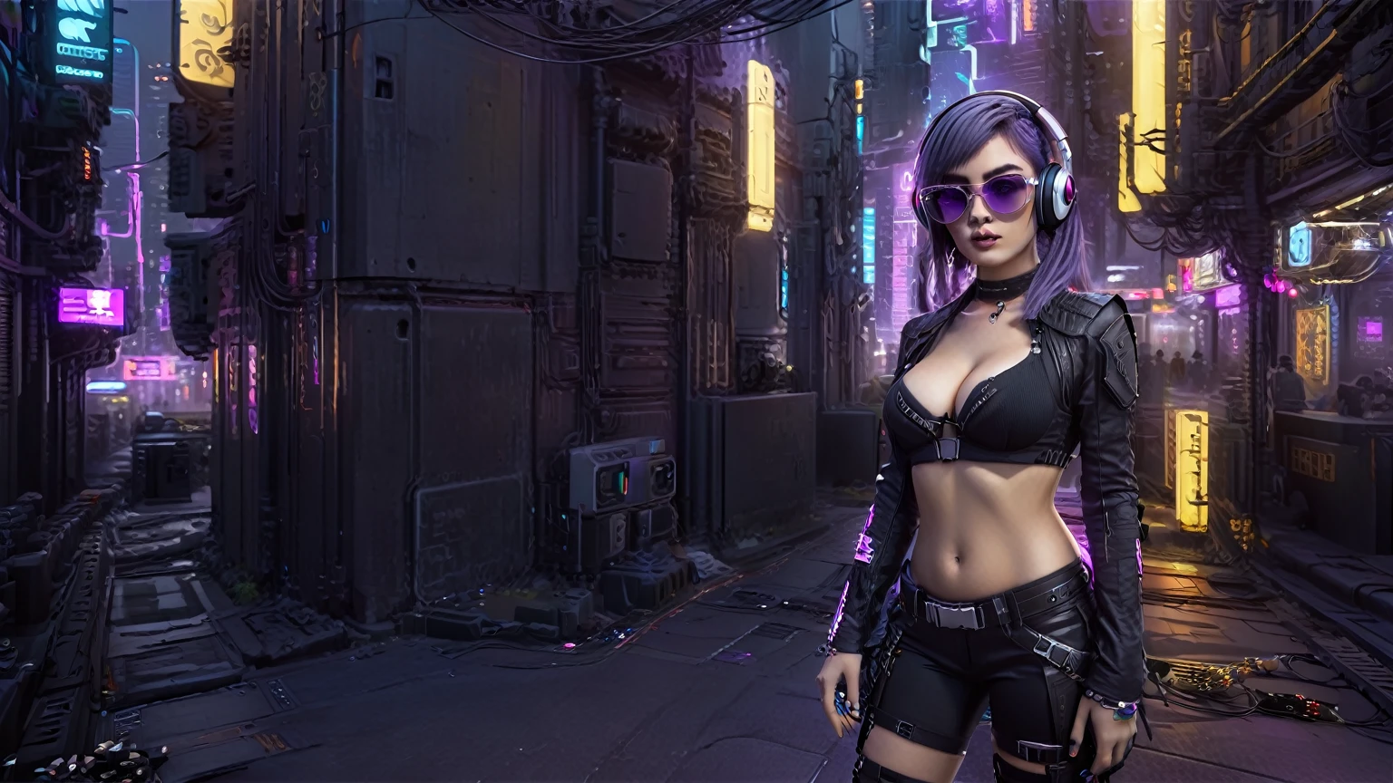 masterpiece, best quality, high resolution, 8k, (Portrait Photos:1.5), (R Original Photo), real picture, Digital Photography, (A fusion of cyberpunk and fantasy), 20 year old girl, solo, (((black sunglasses, headphone))), Feel free to hairstyle, Purple Eyes, By Bangs, (large breasts, cleavage, Accessories, Elegant and charming, Combination of cyberpunk and fantasy style clothing, Hollow carving design, Photo poses, Realistic style, (((((((pistol shooting pose))))))), oc render reflection texture, sentry, (((((Cyberpunk style future city, Moai shape buildings))))), night, Bustling streets, (((((half-body (thigh level) medium shot))))).