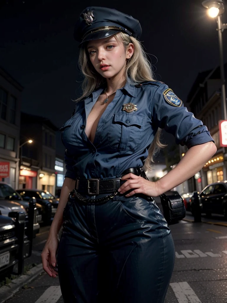 ((Best Quality, 8K, Masterpiece:1.3)), (Large Breasts:1.3), (Huge Breasts:1.3), Reality, (Detailed:1.4) A woman with blue uniform and blue long pants posing at the street, police uniform, police woman, blue-color, standing, long hair, wavy hair, blonde hair, detailed hair, beautiful woman, cross necklace, a woman with eyes shadow and double eyelids, detailed face, perfect body, nice thigh, thick thigh, nice booty, perfect butt, 1girl, beauty earing, beautiful alluring woman, maya fey from ace attorney, seductive girl, beautiful alluring girl teen, attractive girl, UHD, Ultra Realistic, extremely detailed, tfft, curvy, kiara, Body, Chubby, 12, Belly