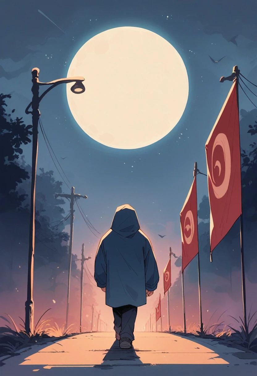 dark blue night, mysterious figure walking away, increased, visible upper half of the body, big moon in the background, foggy , for YouTube top banner, few light poles, getting closer,