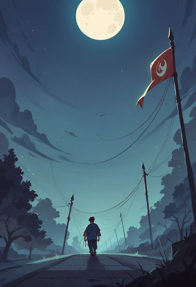 dark blue night, mysterious figure walking away, increased, visible upper half of the body, big moon in the background, foggy , for YouTube top banner, few light poles, getting closer,