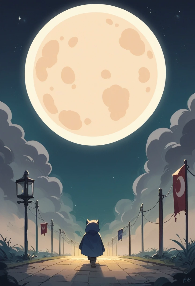 dark blue night, mysterious figure walking away, increased, visible upper half of the body, big moon in the background, foggy , for YouTube top banner, few light poles, getting closer,