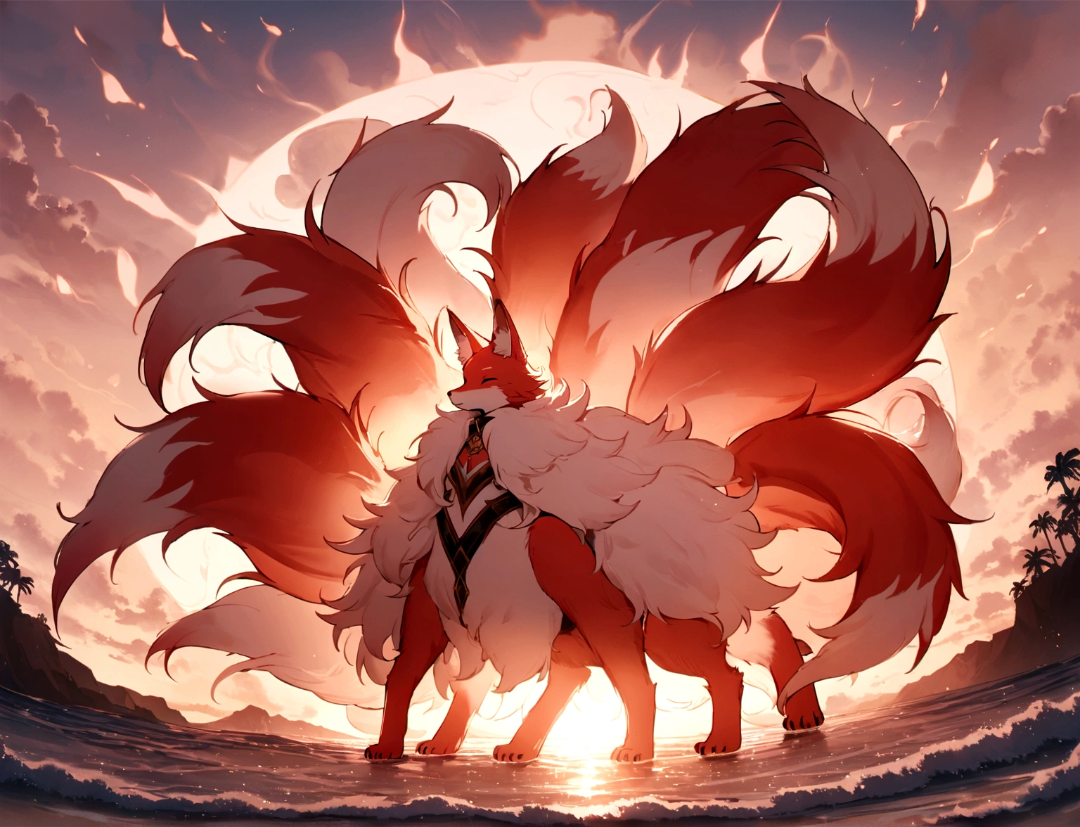 A giant red fox with 9 tails, whose tips are light pink. The tails are very fluffy and soft. The chest coat is light pink, as well as the tips of the paws. ao redor, a circle of small light pink flames. Ao fundo, a sunny beach.
