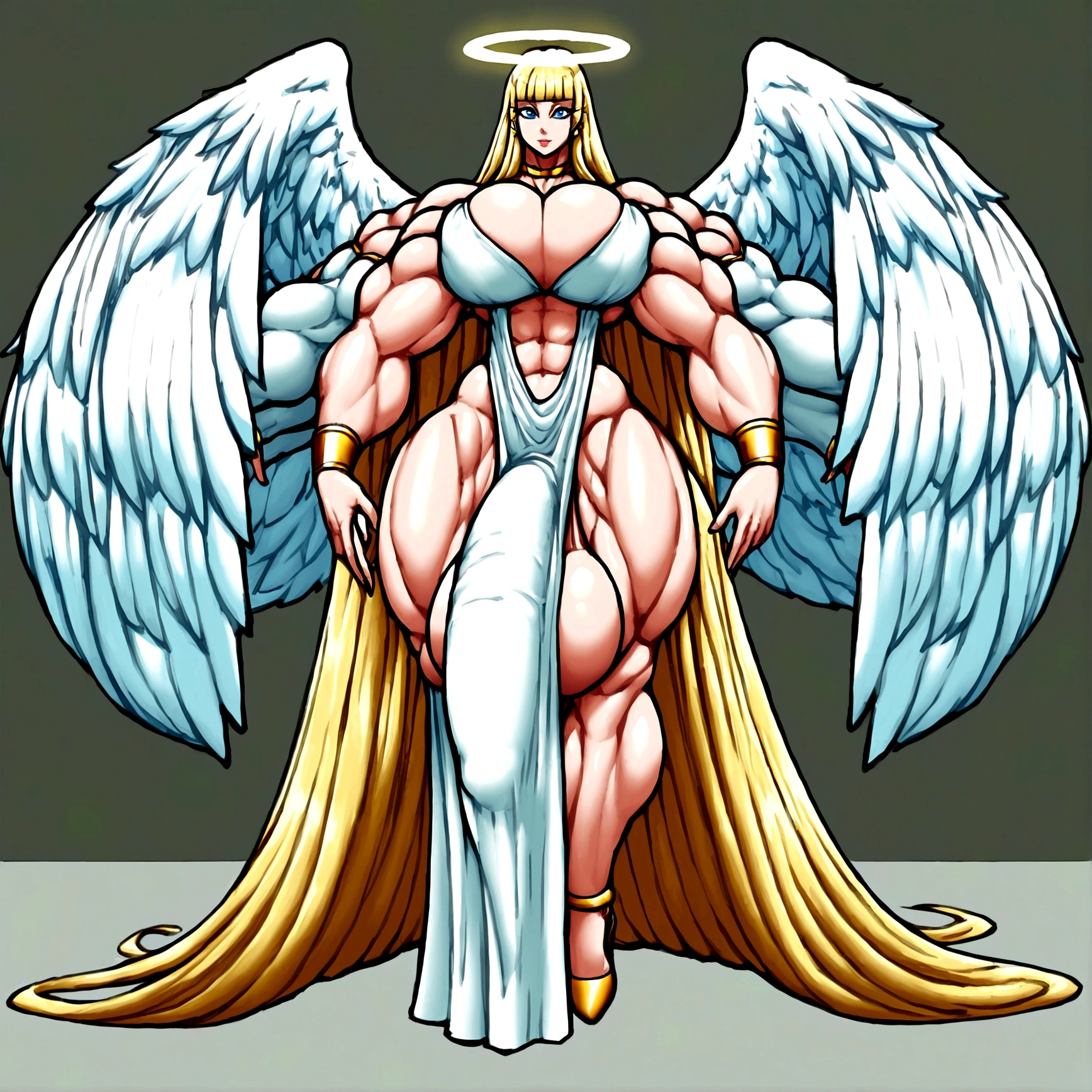 Angel femboy, long blonde cleopatra hair, blue eyes, halo, gigantic angel wings, gigantic muscular body, erect gigantic penis with gigantic balls, big breasts, 4 arms, full body.