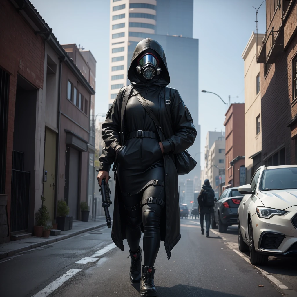 She is walking in middle of a street dressed in black and wearing a gas mask, abandon city with only one Power Nuclear Plant in the distance but there is not other people , there is a olive green toxic smoke in the air, ultra high quality, 4K, low angle, (masterpiece, top quality, best quality, official art, beautiful and aesthetic:1.2),