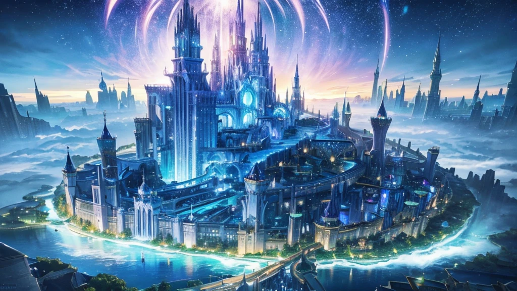 A high quality, 3D anime-style artwork depicting a fantastical sky city landscape. ((((Sky City)))) A sparkling, crystal-like castle is at the center, floating in a vast sky. The castle is decorated in emerald and gold, with clouds and light particles floating around it. The background depicts a starry sky and twilight with soft sunlight. Lush floating islands are dotted around the castle, and flowing streams and waterfalls can be seen. The overall color scheme is pastel, creating a peaceful and mysterious atmosphere.