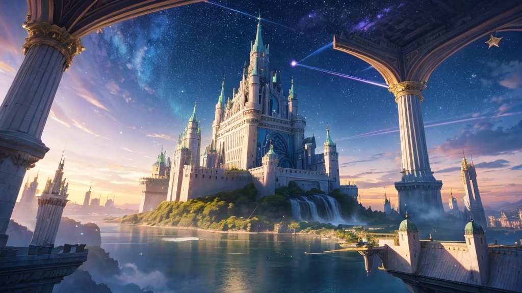 A high quality, 3D anime-style artwork depicting a fantastical sky city landscape. ((((Sky City)))) A sparkling, crystal-like castle is at the center, floating in a vast sky. The castle is decorated in emerald and gold, with clouds and light particles floating around it. The background depicts a starry sky and twilight with soft sunlight. Lush floating islands are dotted around the castle, and flowing streams and waterfalls can be seen. The overall color scheme is pastel, creating a peaceful and mysterious atmosphere.
