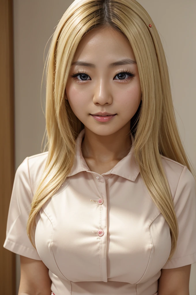 best quality, 8k, very delicate and beautiful, highly detailed face and skin texture, shiny skin, high resolution, big tits cute blond long hair tanned skin japanese girl in nurse uniform, sharp focus