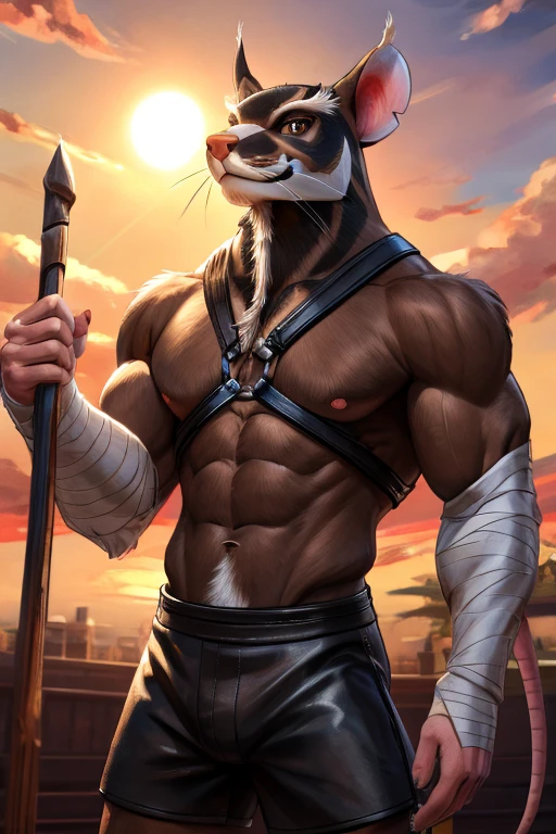 Splinter,mouse,male,Adults,Solitary,4K,Best quality,Looking at the audience,Upper body exposed,Bare chest,slim body,Tail,Chest muscles,粉红nipple,nipple,Six-pack abs, Biceps, Anatomically correct,Delicate fur,pride,Soft shadows,Majestic,Detailed face,High quality eyes,Brown eyes,Black pupil,Sharp eyes,Grandiose,brave,Confident smile,Strong,Mature,,black leather shorts,Black harness,Blue sky and white clouds,The sun shines,Dojo Background