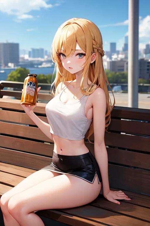 create an anime girl in a black miniskirt with white underwear 26 years old sitting on a bench wearing a low-cut blouse, white woman in tank tops and holding a jar of beer in a luxurious bar landscape