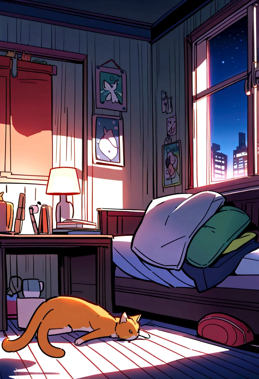 place: Indoors、A night scene is depicted。
figure: One person sitting on the bed、On a bed with white bedding、Looking out the big window。That person、Wearing a light-colored hoodie、short-haired。
Pets: On the bed、One orange cat、I'm sitting facing the window。
furniture: On the right side there is a small table、A lamp that emits a warm light、It seems like there are some small items that are hard to identify.。
Outside view: Outside the window、Many skyscrapers can be seen、The windows are brightly lit。You can see signs on some buildings.、I can't read。
atmosphere: This image is、静かで思索的なatmosphereを伝えています。