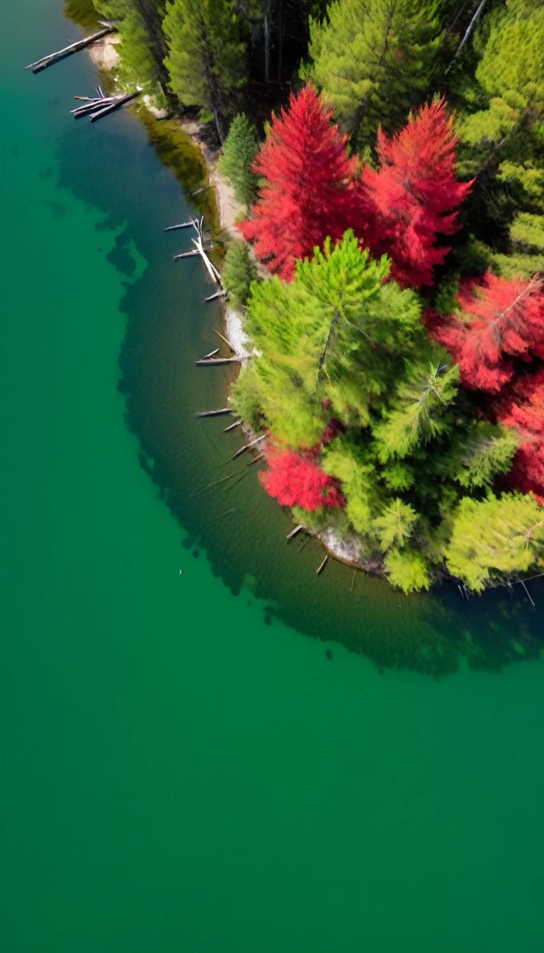 Overhead shot，Green on the lake，Red pine，Ink