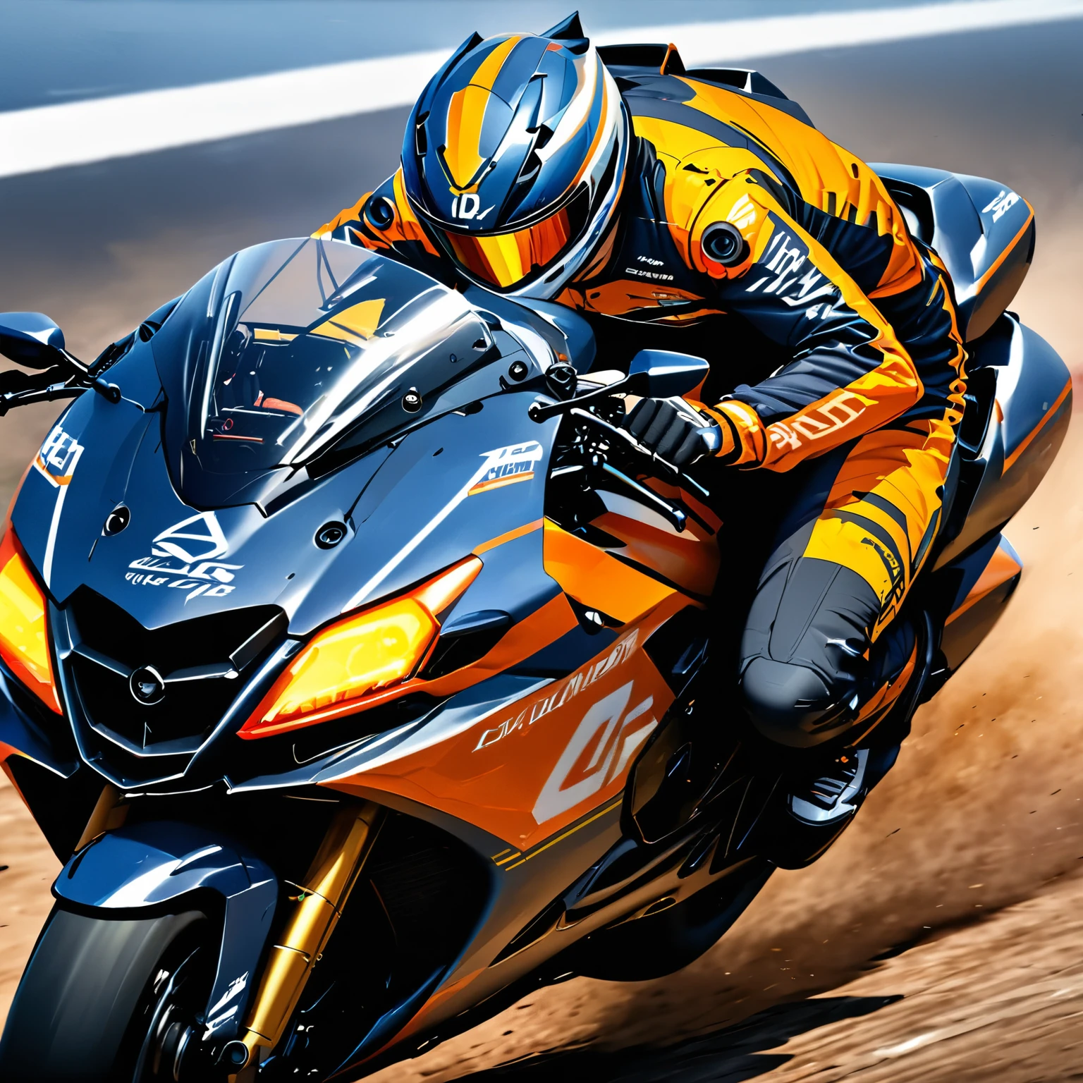 (best quality,8k,highres, masterpiece:1.2), ultra-detailed, HDR, UHD, studio lighting, ultra-fine painting, sharp focus, physically-based rendering, extreme detail description, professional, vivid colors, bokeh, portraits, concept artists, warm color palette, dramatic lighting,Circuit track, running bike, racer riding motorcycle, concentration line, auto racing,