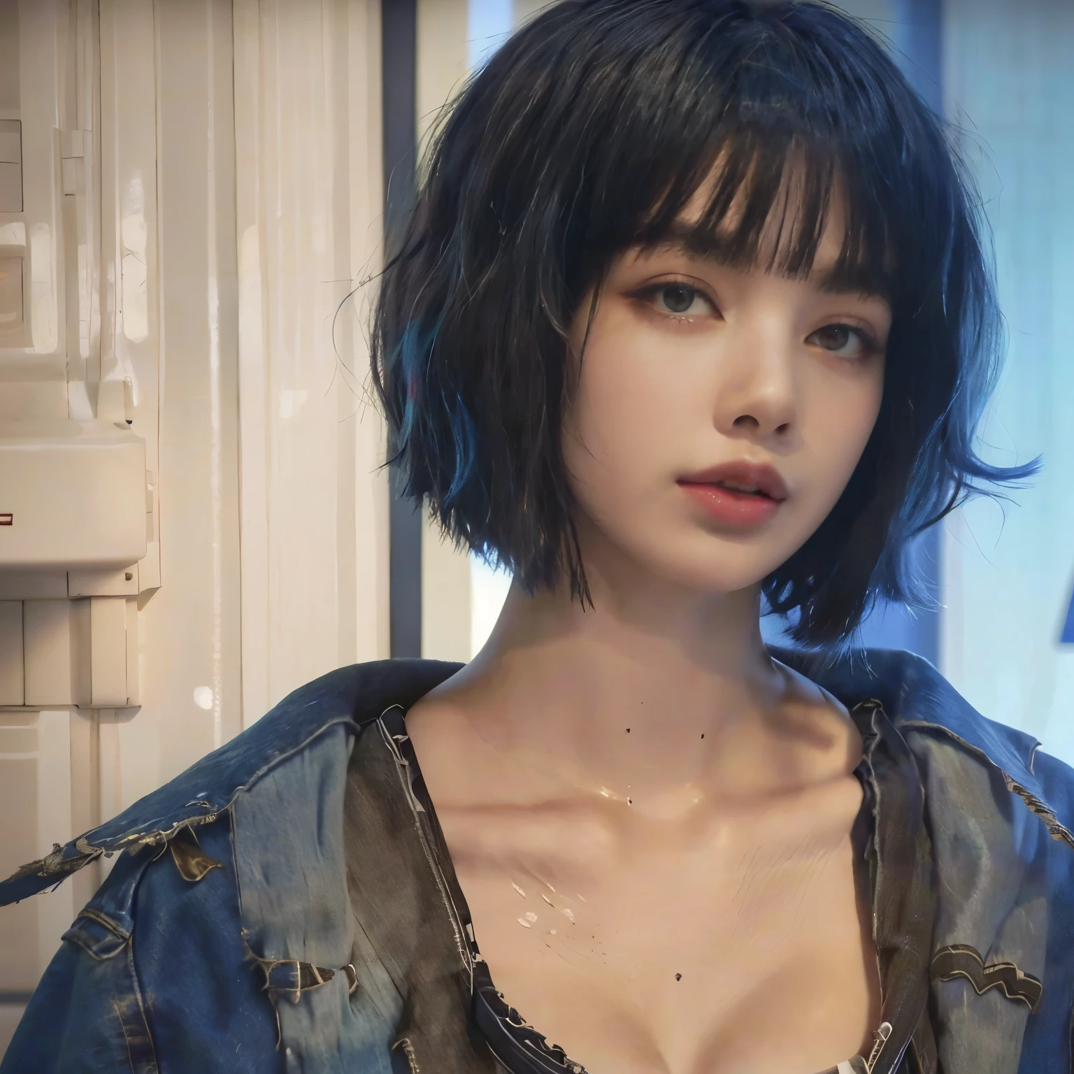 arafed woman with blue hair and a denim jacket, charli xcx, madison beer as leeloo, charli bowater, with short hair with bangs, with short hair, she has black hair with bangs, french bob, dua lipa, messy black bob hair, french bob hair, profile image, black bob cut hair, hair blackbangs hair