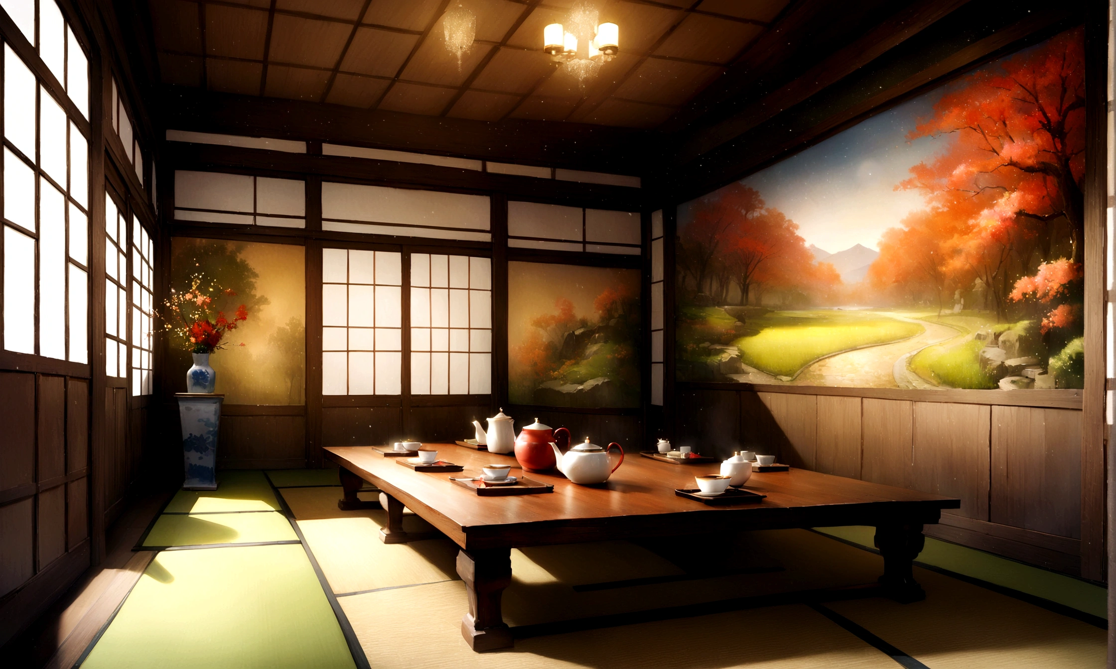 Old Showa era house, Tatami room,Tea room,Blur the background,Glitter effect,Highest quality, 8K, High resolution, masterpiece:1.2, Very detailed, Realistic:1.37, High resolution, 超High resolution, Ultra-fine painting, Very detailed, Professional, Vibrant colors